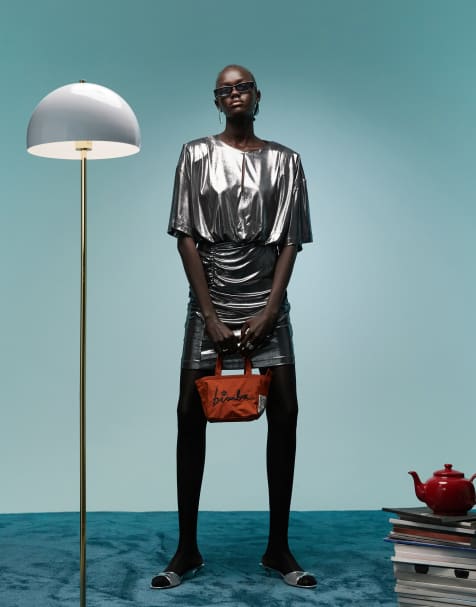 BIMBA Y LOLA ruched t-shirt mini dress in metallic silver