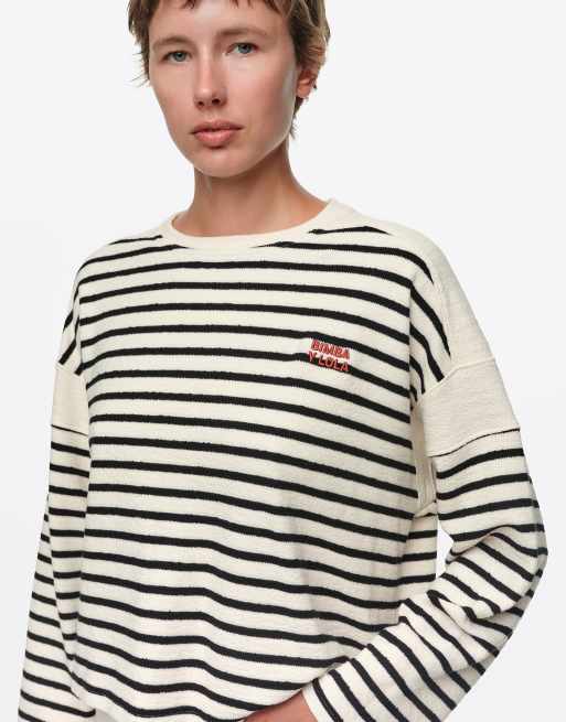 Bimba Y Lola T-shirt a righe in cotone con scollo a barchetta color avorio, 2 di 6