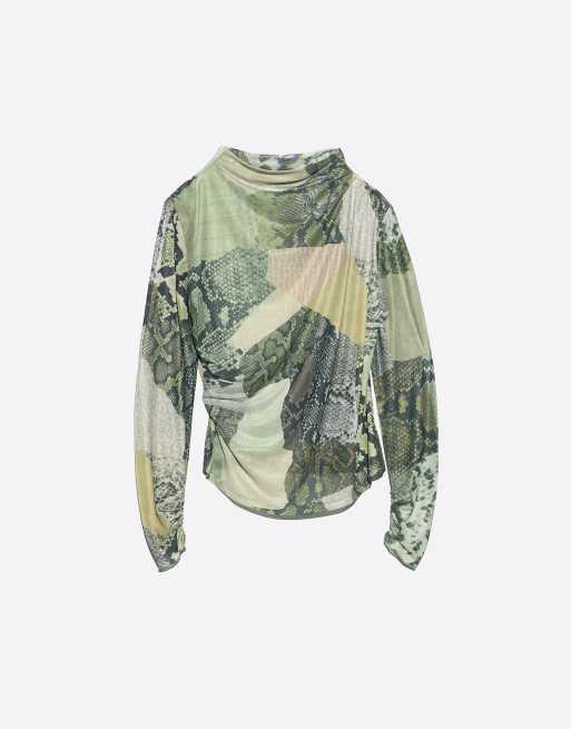 Bimba Y Lola T-shirt en tulle froncé à patchwork serpent, vert à patchwork serpent, 5 de 6