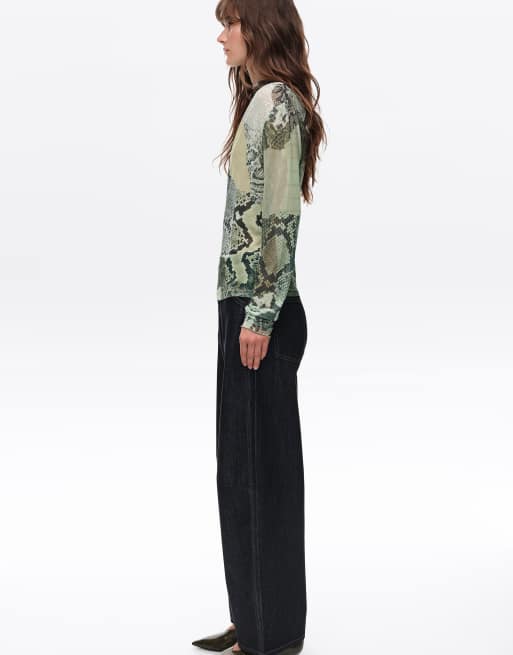 Bimba Y Lola T-shirt in tulle arricciato con patchwork serpente verde, 3 di 6