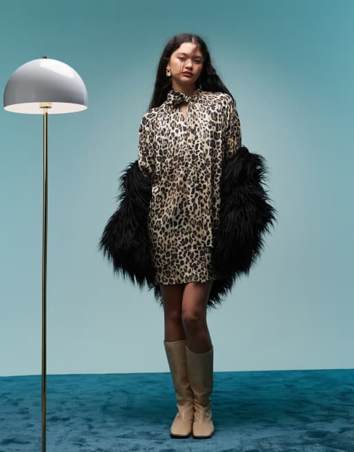 BIMBA Y LOLA tie neck mini smock dress in leopard print, 2 of 4