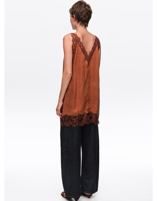 Bimba Y Lola top largo estilo camisola con ribete de encaje en toffee, 4 de 6
