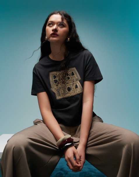 BIMBA Y LOLA - Vasket sort T-shirt med logobroderi i firkantet pasform - view 1