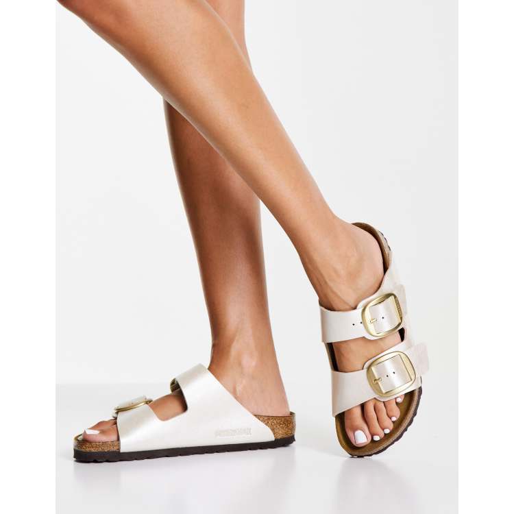 White birkenstocks with online gold buckles