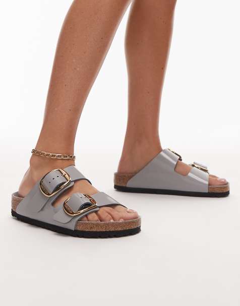 Birkenstock Arizona big buckle high shine sandals in stone grey - view 1