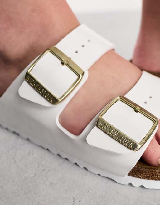 Birkenstock white arizona online gold buckle