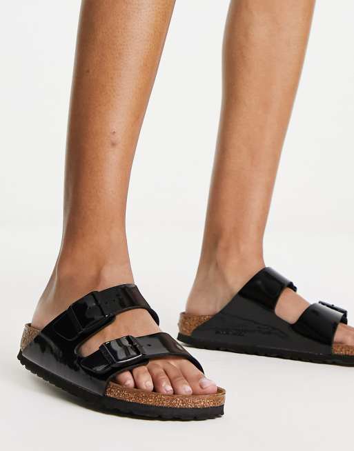 Birkenstock – Arizona – Czarne lakierowane sandały z materiału Birko-Flor 