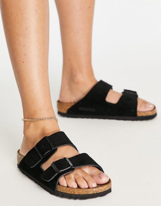 Birkenstock - Arizona - Platte suède sandalen in zwart 