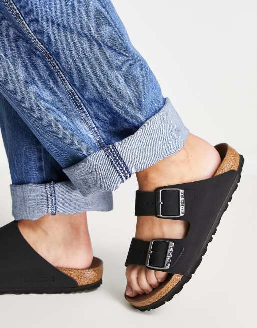 Birkenstock Arizona Sandales plates en imitation cuir Noir