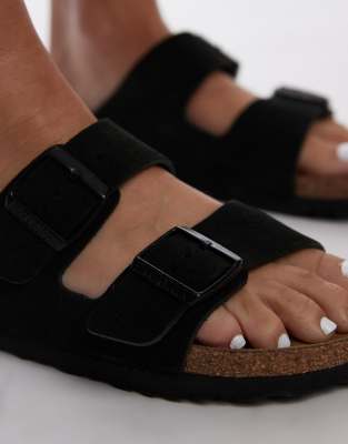 birkenstock arizona suede flat sandals in black