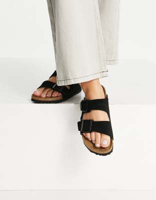 birkenstock arizona suede flat sandals in black