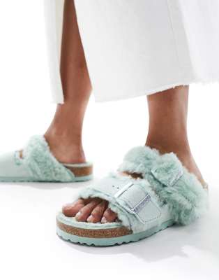 Birkenstock Arizona teddy borg sandals in pastel green - ASOS Price Checker