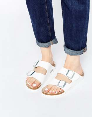 Birkenstock Arizona White Birko Flor Narrow Fit Flat Sandals