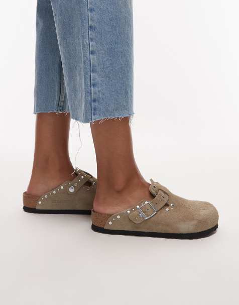 Birkenstock – Boston – Brungrå tofflor i mocka med nitar - view 1