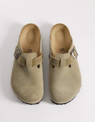 Birkenstock Men's Green Boston Clog With Mixed Material Strap In Faded Khaki