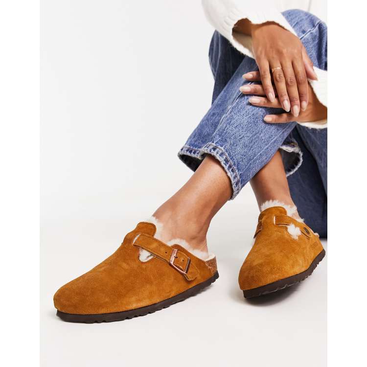 Birkenstock boston wool lined mules in mink on sale