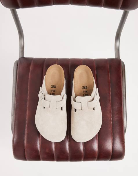 Birkenstock Boston clogs van suède met smalle pasvorm in oesterkleur - view 1
