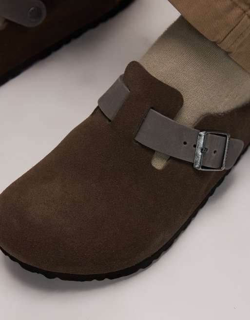 Birkenstock – Boston – Grå tofflor i mocka med kontrasterande remmar, 2 av 4