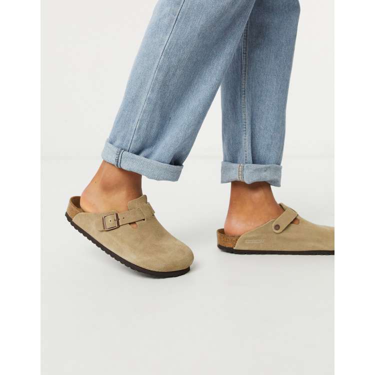 Birkenstock boston mules in taupe suede