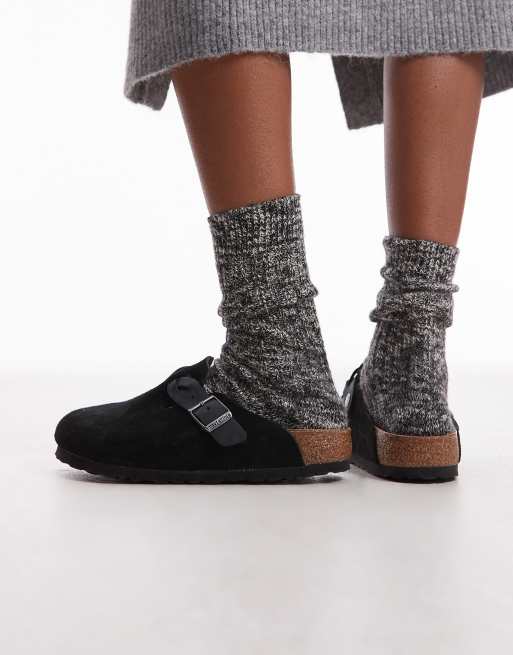 Birkenstock - Boston - Sorte clogs i ruskind med fletdetalje, 4 af 4