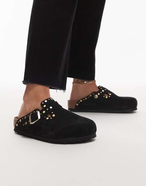 Birkenstock – Boston – Svarta tofflor i mocka med nitar - view 1