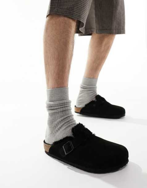 Birkenstock – Boston – Svarta tofflor i träskostil med fårskinnsfoder - view 1