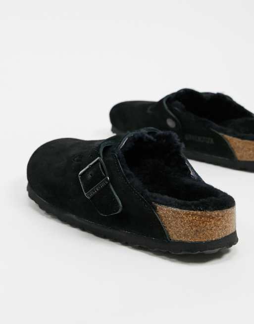 Birkenstock – Boston – Svarta tofflor med pälsfoder