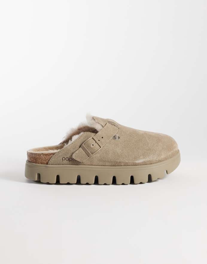 Birkenstock Boston zuecos con plataforma y forro de borreguito en topo