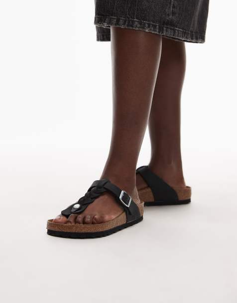 Birkenstock - Gizeh - Sorte sandaler i olieret læder med fletdetalje - view 1
