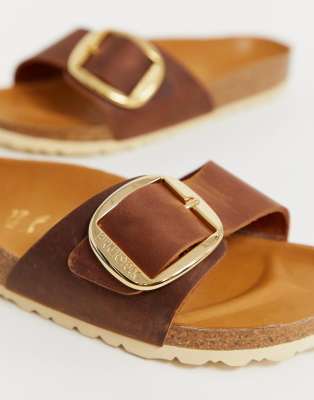 birkenstock madrid big buckle flat sandals in tan