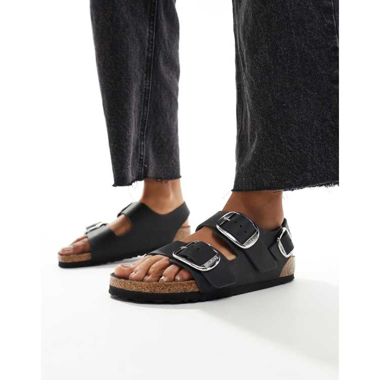 Birkenstock Milano Sandalen aus schwarzem geoltem Leder mit groBen Schnallen ASOS