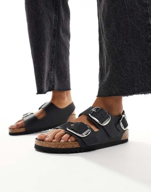 Birkenstock - Milano - Sandalen met grote gesp van geolied leer in zwart