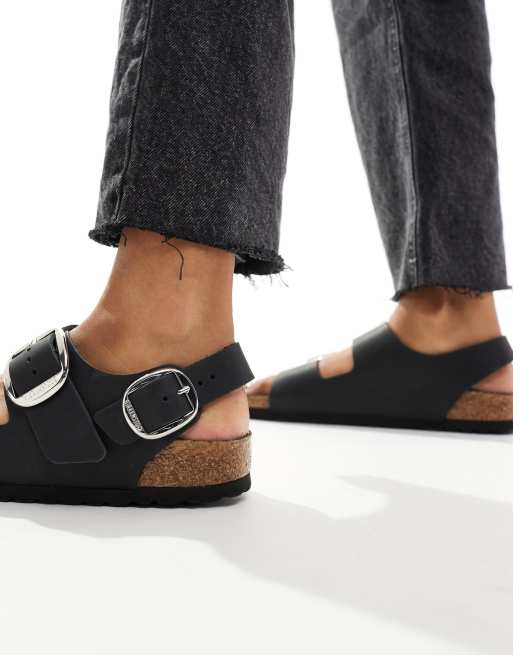 Birkenstock - Milano - Sandalen met grote gesp van geolied leer in zwart