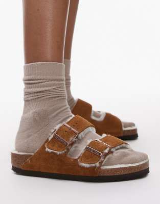 Birkenstock Unisex Arizona shearling sandals in mink suede-Brown