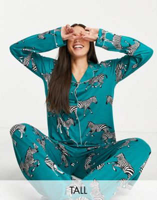 фото Бирюзовая пижама из экологичного трикотажа с рубашкой с отложным воротником и брюками с принтом зебр chelsea peers tall-голубой
