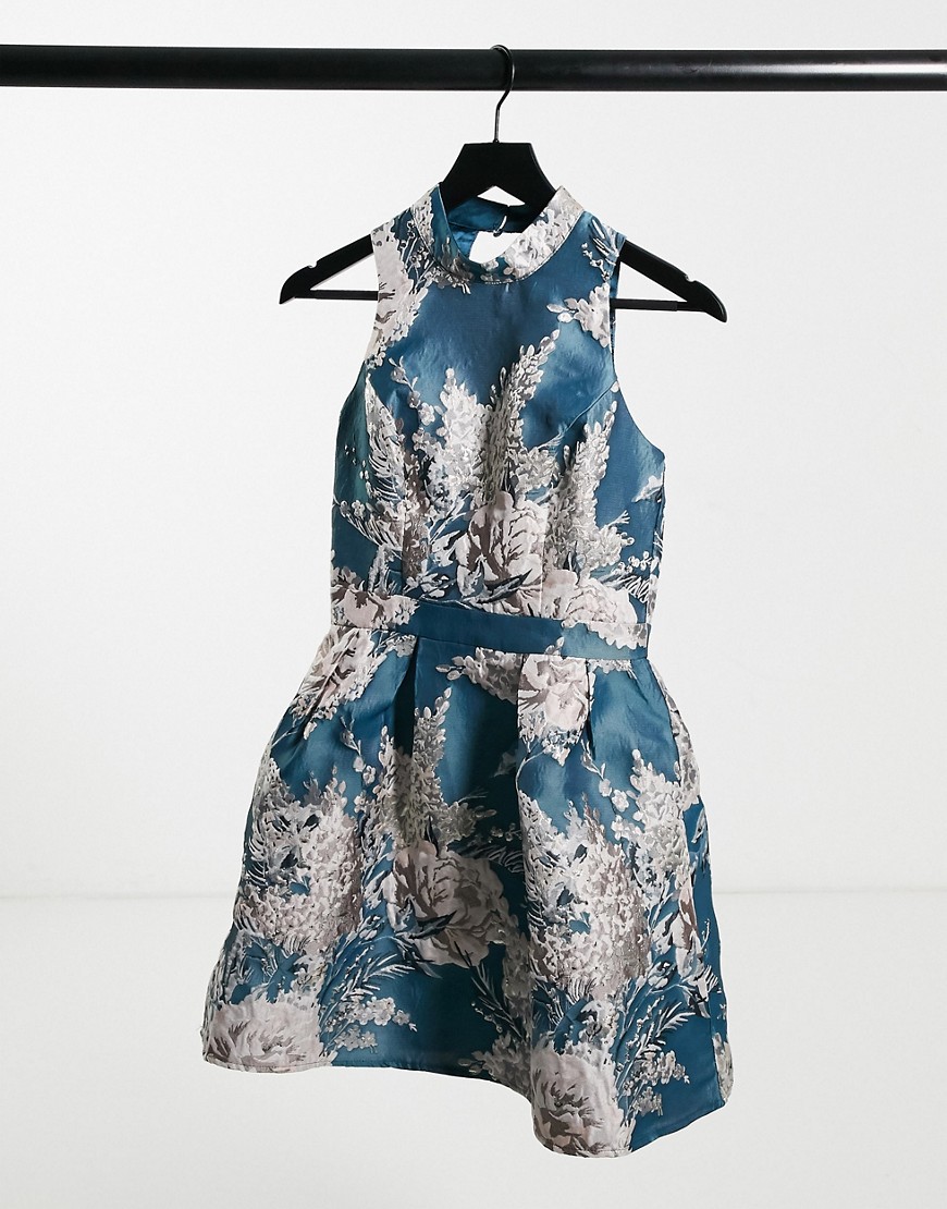 Бирюзовое платье для выпускного мини с высоким воротом с жаккардовым цветочным принтом Chi Chi London-Многоцветный