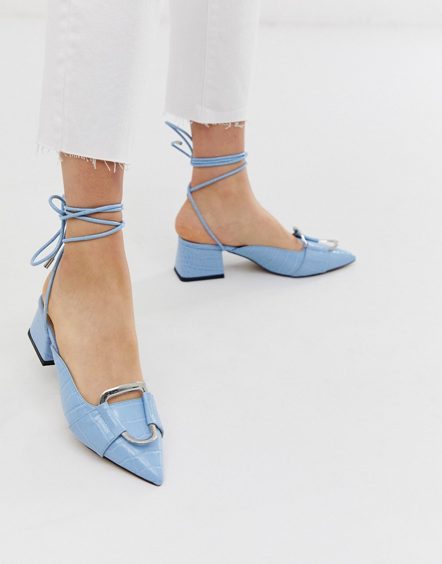 Blå sko med mellemhøje hæle i krokodille-stil med ringdetalje fra ASOS DESIGN