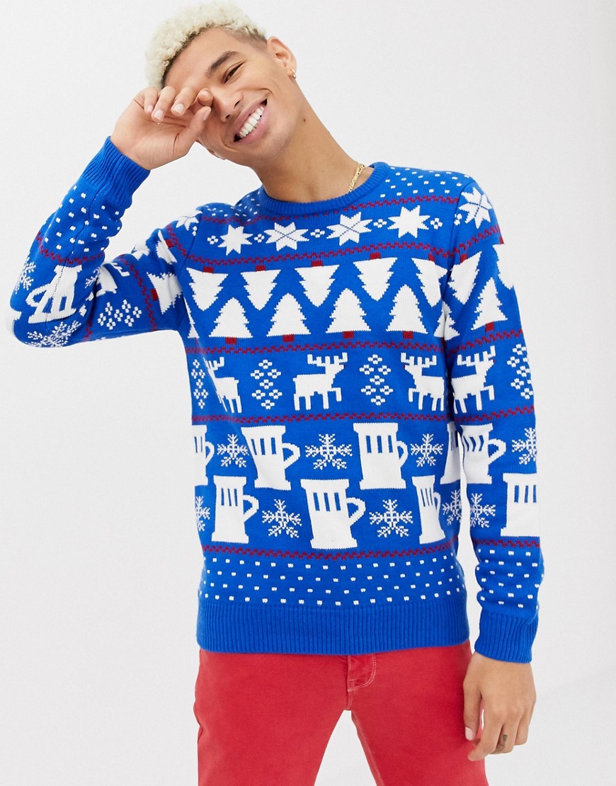Blå trøje med julelys, rensdyr og ølkrus fra Burton Menswear