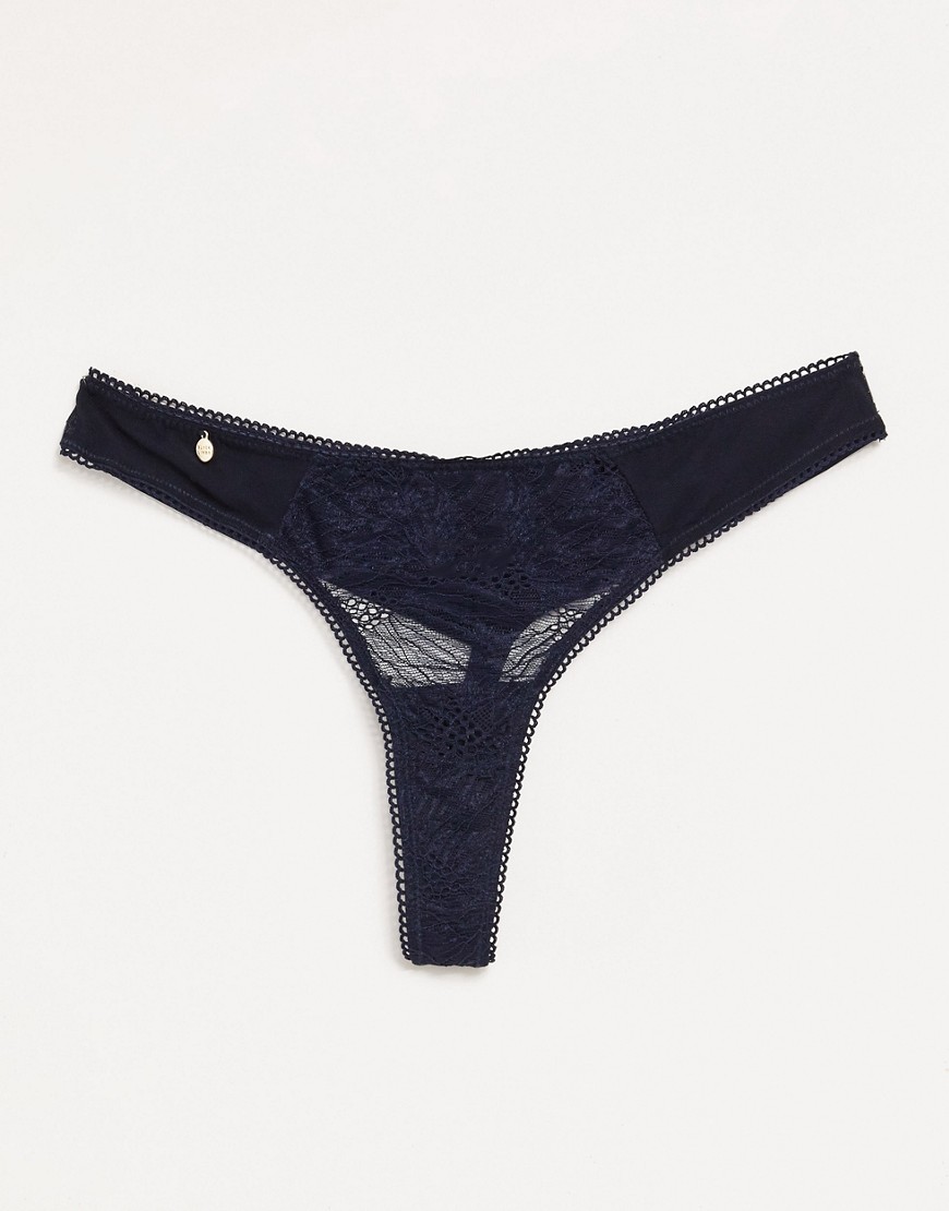 Black Limba lace thong in navy