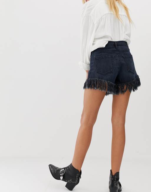 Denim Shorts with Fringes Hem