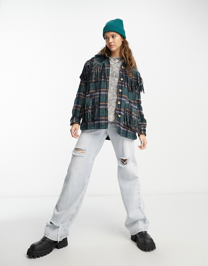 Blank NYC green check shacket with fringe detail-Multi