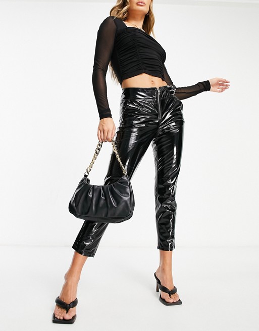 Blank NYC kick flare vinyl trousers with zip in black