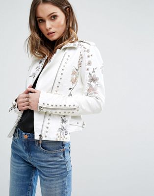 Blank NYC Leather Look Biker Jacket with Floral Embroidery and Stud ...