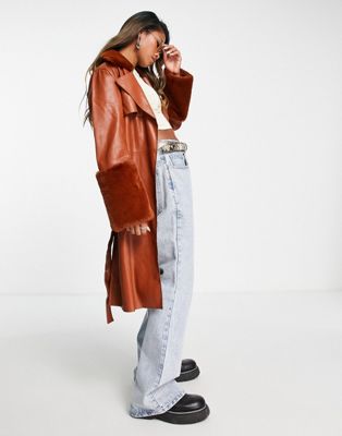 Blank NYC longline belted faux leather coat with fur cuffs in tan