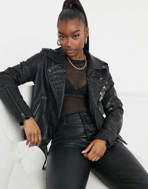 Floral black leather outlet jacket