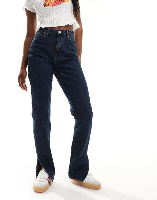 Blank NYC straight leg jeans with split hem in darkwash blue