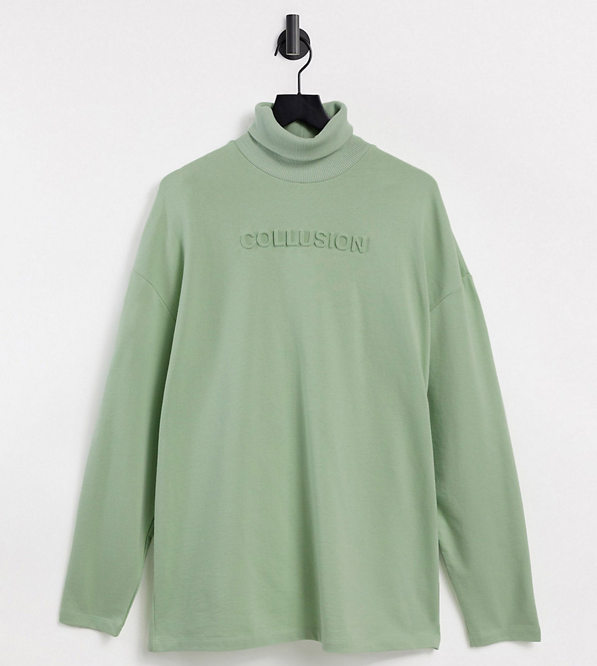 фото Бледно-зеленое платье-футболка с высоким воротником и тисненым логотипом collusion-зеленый цвет