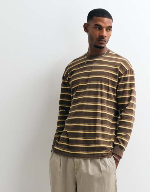 BLEND 100% bomull regular fit långärmad t-shirt i brunrandigt, 5 av 5