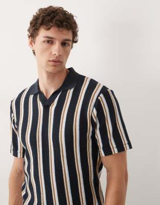 Blend 100% Cotton Knit Open Collar Polo In Blue