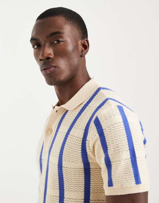 BLEND 100% cotton knit polo in bleached sand stripe, 4 of 5